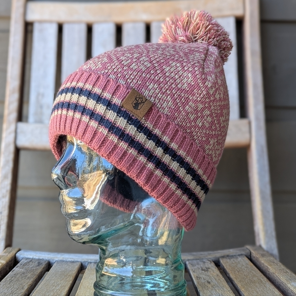 NWOT Rosy Mauve Pink Knit Pom Hat Toque Beanie Fleece Lined One Size